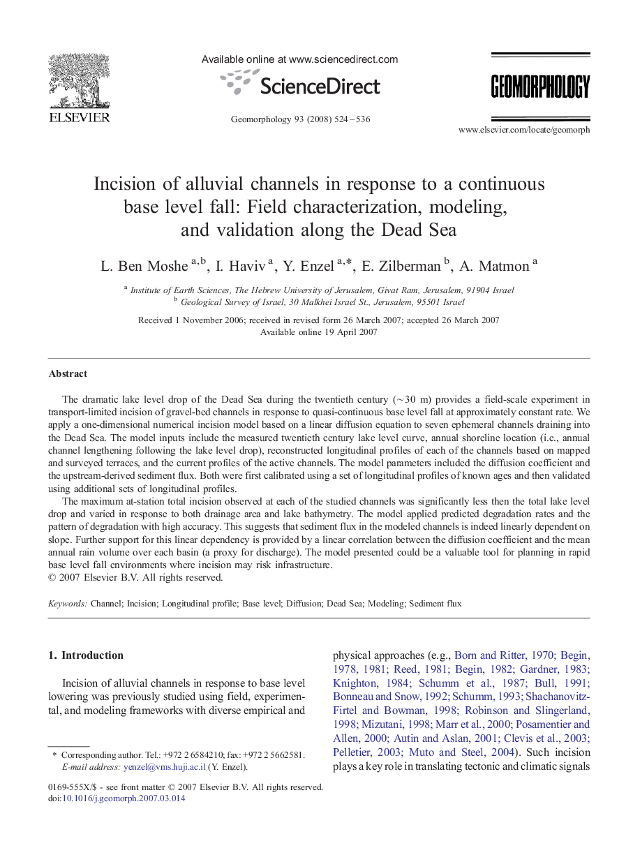 Incision of alluvial channels in response to a continuous base level fall: Field characterization, modeling, and validation along the Dead Sea