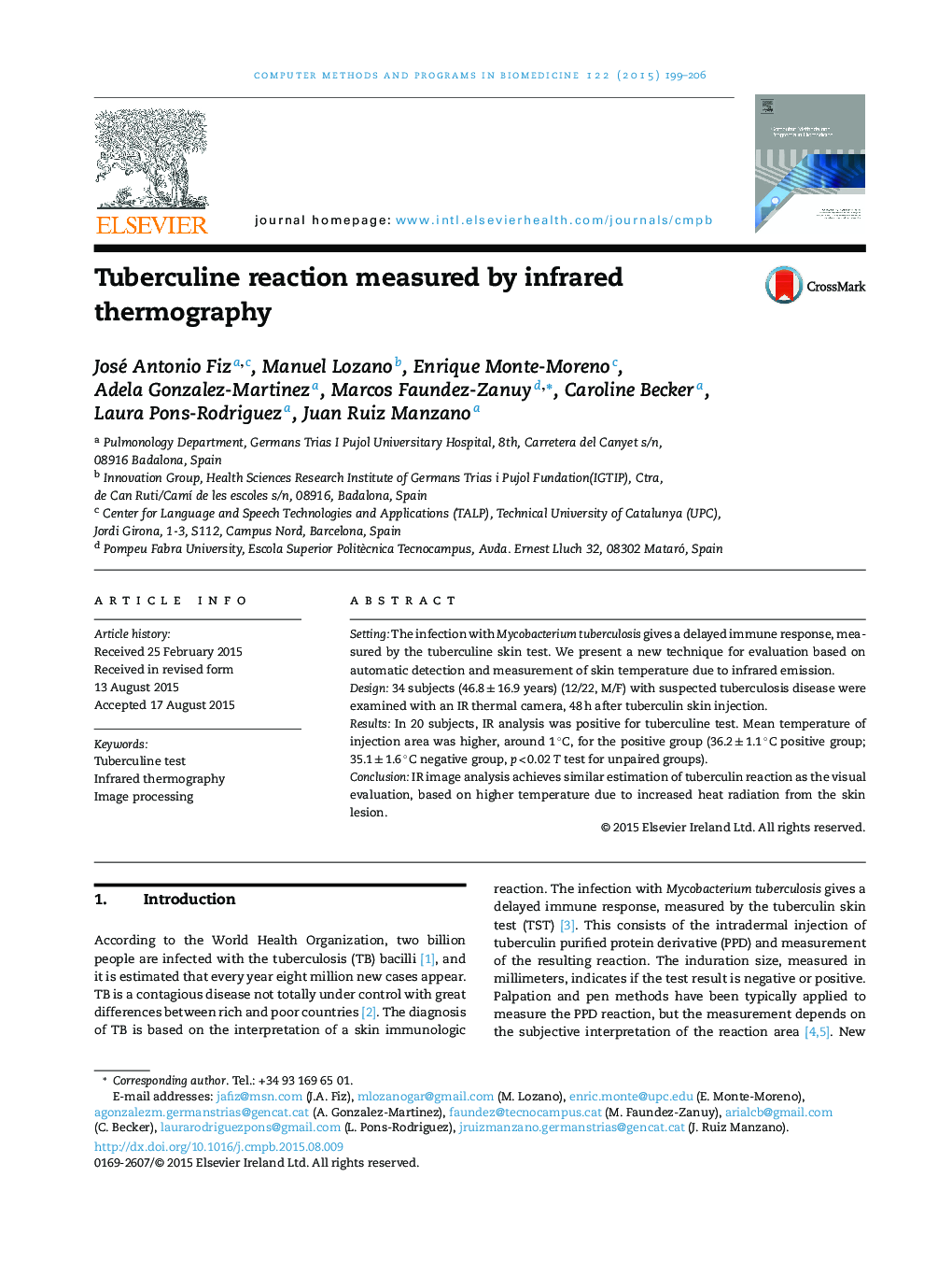 Tuberculine reaction measured by infrared thermography