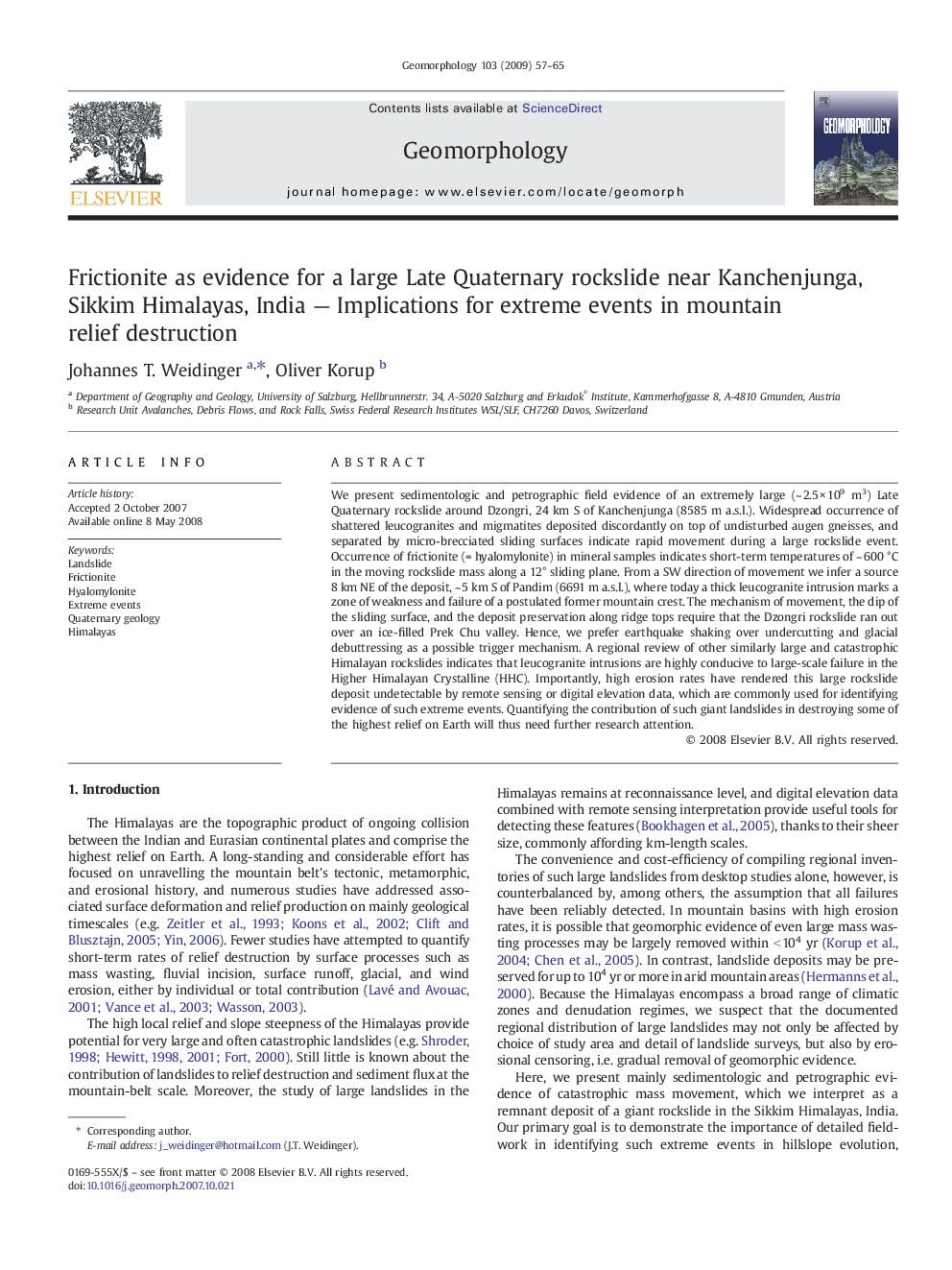 Frictionite as evidence for a large Late Quaternary rockslide near Kanchenjunga, Sikkim Himalayas, India - Implications for extreme events in mountain relief destruction