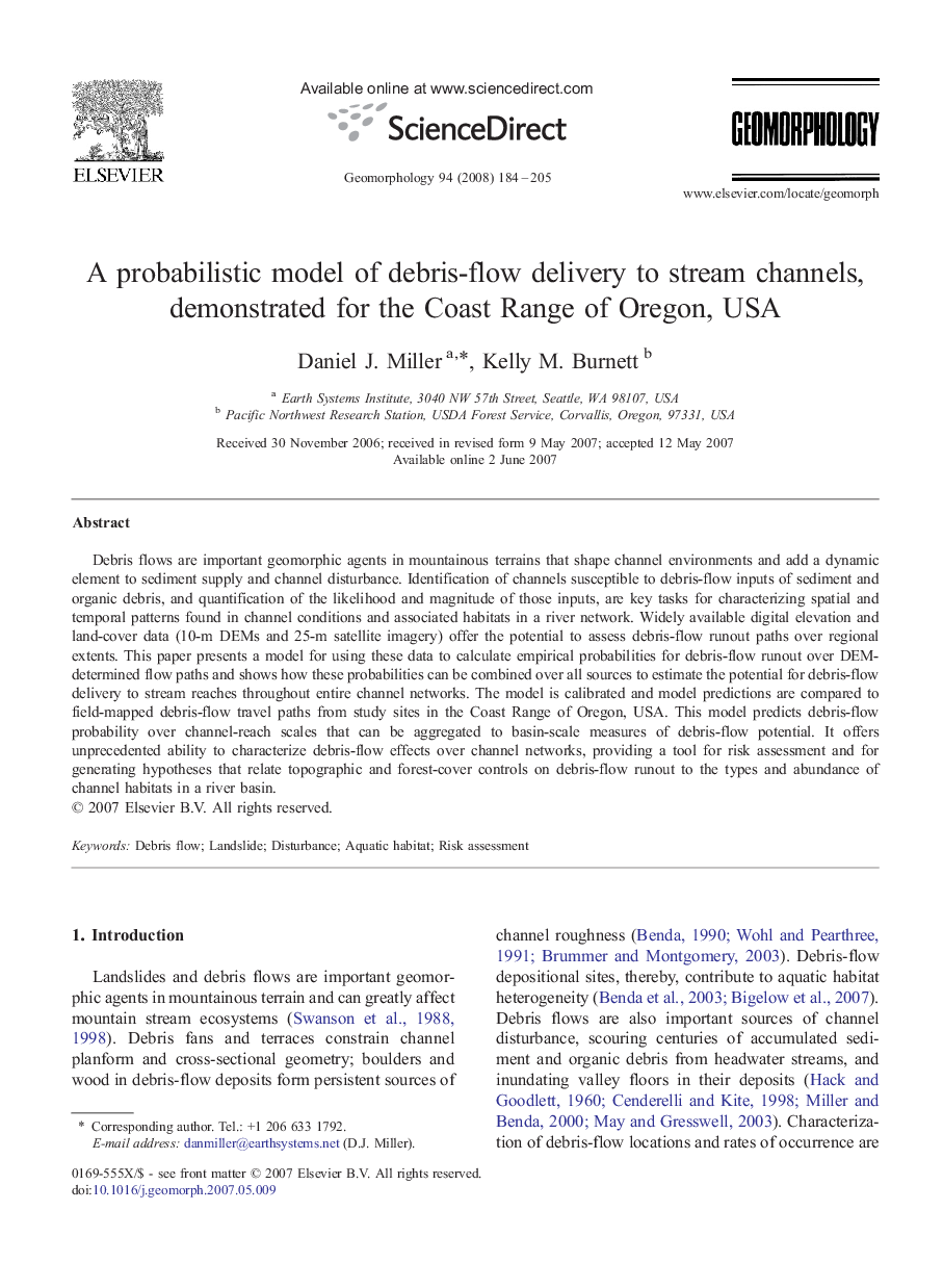 A probabilistic model of debris-flow delivery to stream channels, demonstrated for the Coast Range of Oregon, USA