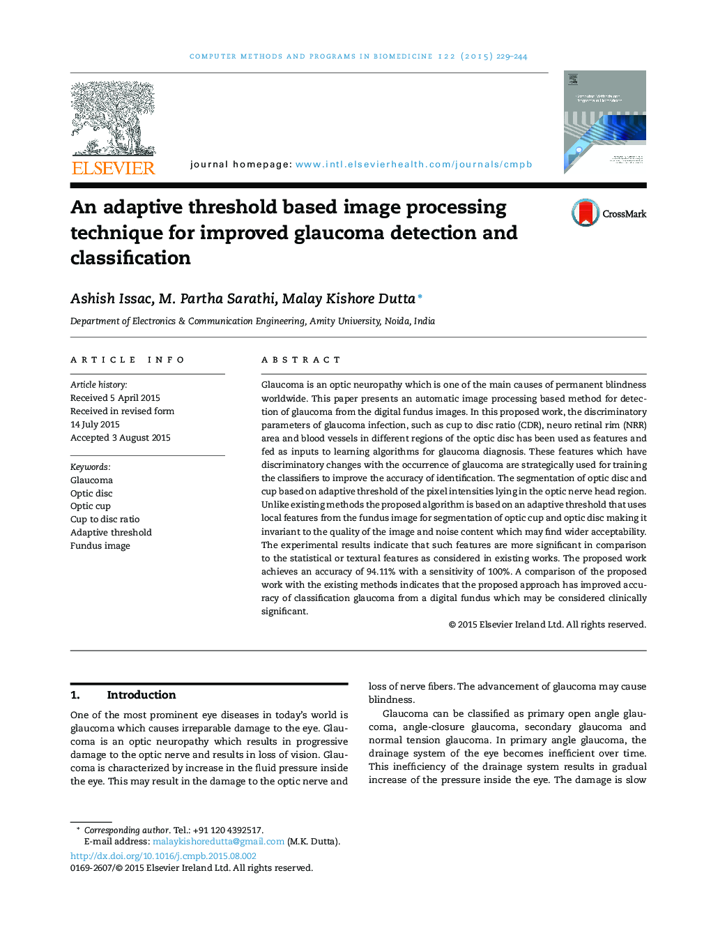 An adaptive threshold based image processing technique for improved glaucoma detection and classification