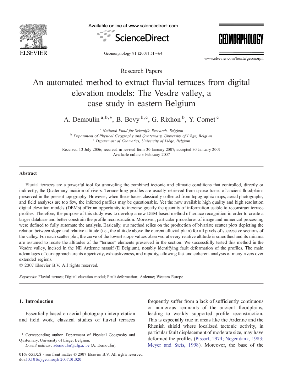 An automated method to extract fluvial terraces from digital elevation models: The Vesdre valley, a case study in eastern Belgium