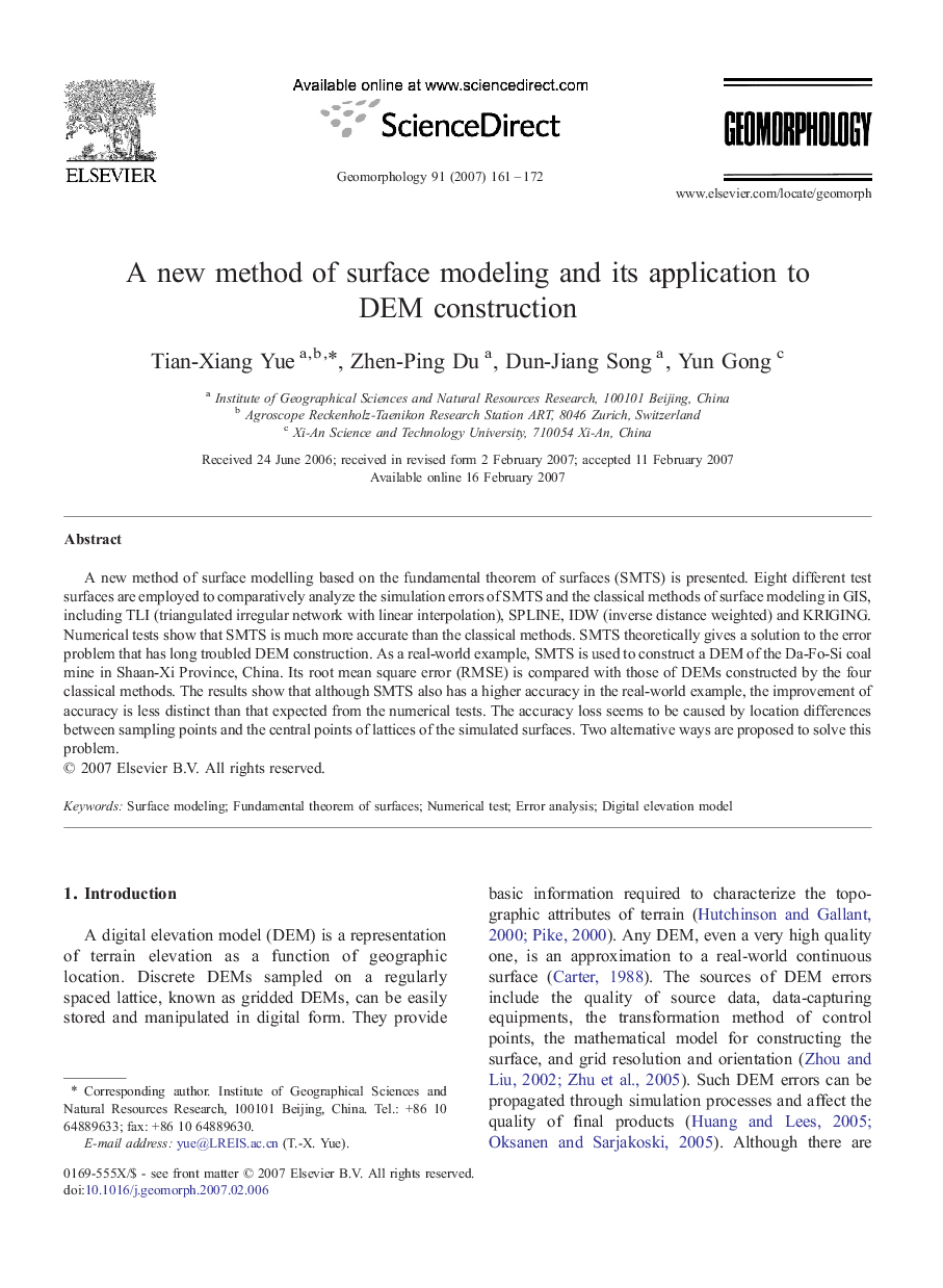 A new method of surface modeling and its application to DEM construction