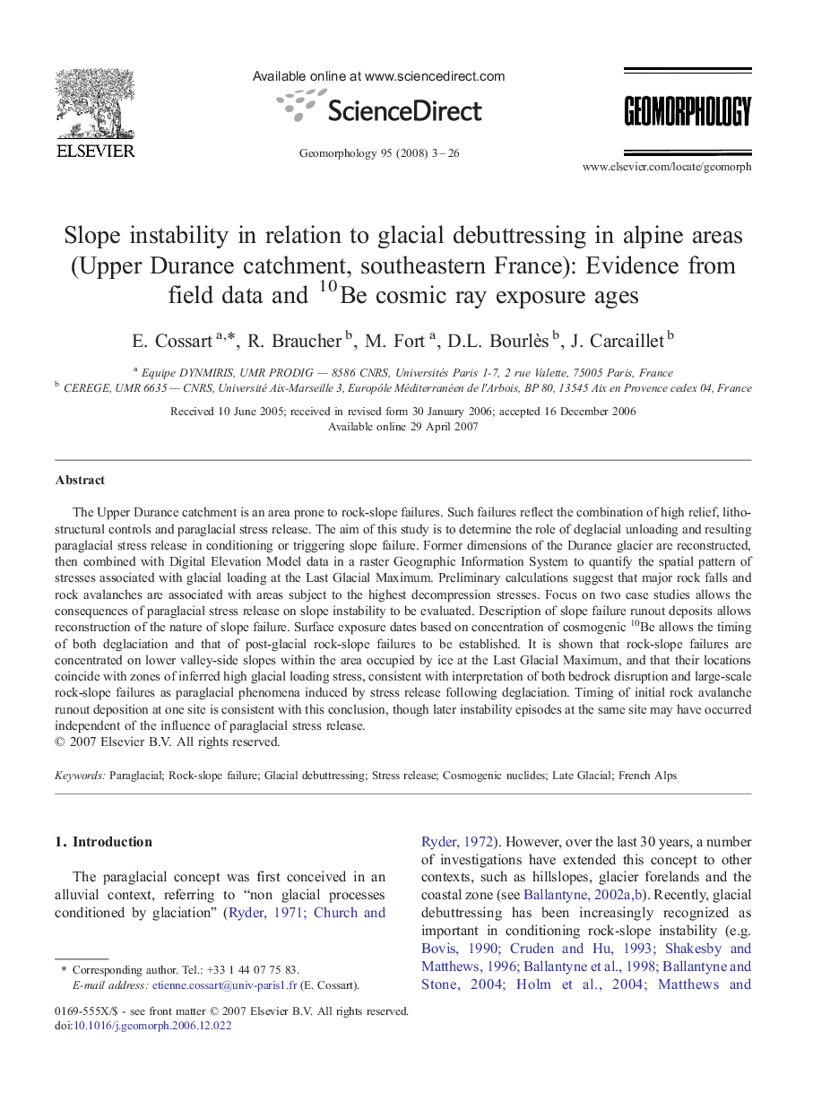 Slope instability in relation to glacial debuttressing in alpine areas (Upper Durance catchment, southeastern France): Evidence from field data and 10Be cosmic ray exposure ages