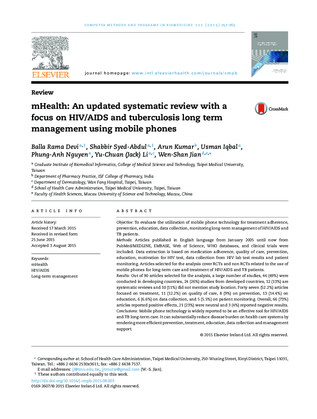 mHealth: An updated systematic review with a focus on HIV/AIDS and tuberculosis long term management using mobile phones