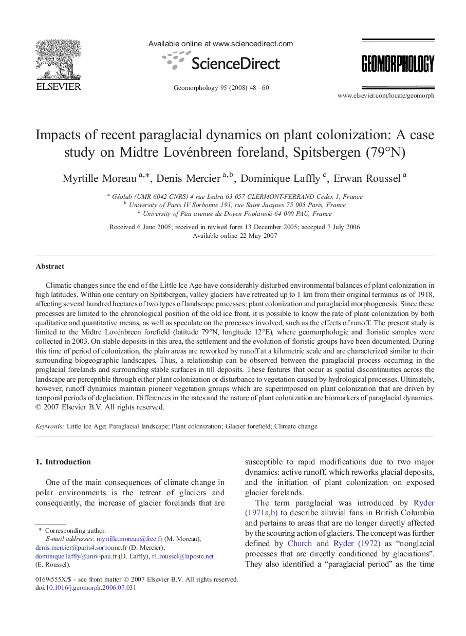 عکس صفحه اول مقاله: Impacts of recent paraglacial dynamics on plant colonization: A case study on Midtre Lovénbreen foreland, Spitsbergen (79°N) Impacts of recent paraglacial dynamics on plant colonization: A case study on Midtre Lovénbreen foreland, Spitsbergen (79°N)