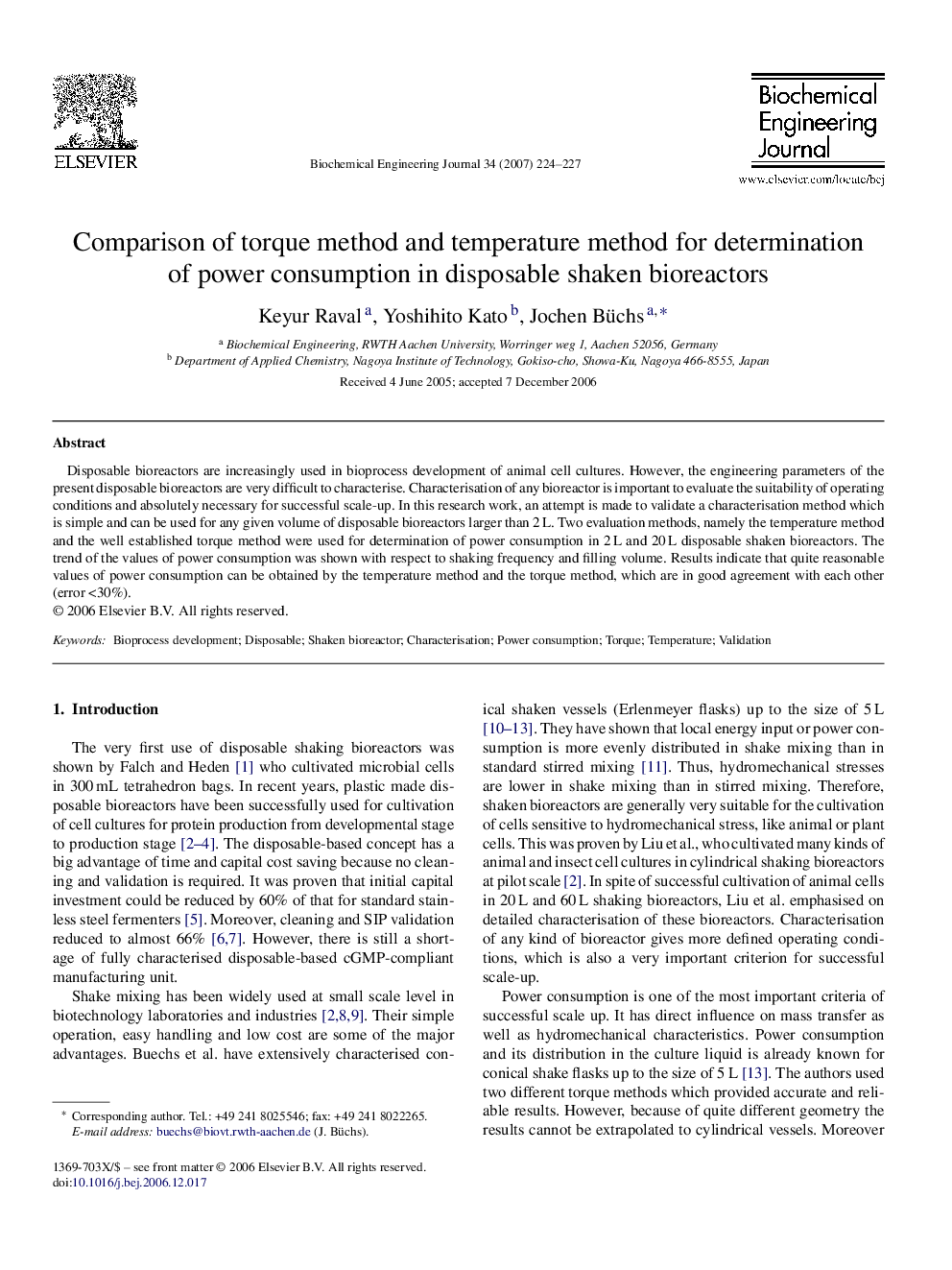 Comparison of torque method and temperature method for determination of power consumption in disposable shaken bioreactors