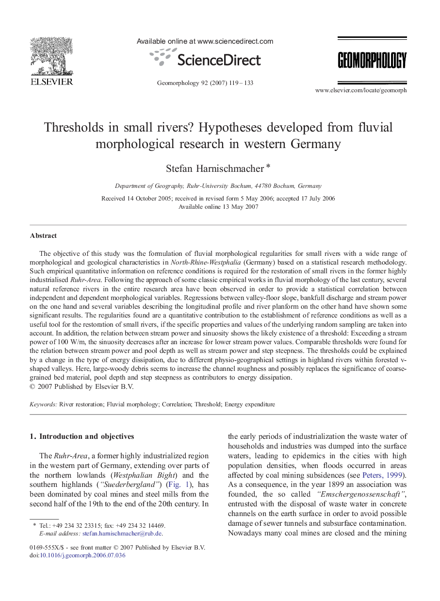 Thresholds in small rivers? Hypotheses developed from fluvial morphological research in western Germany