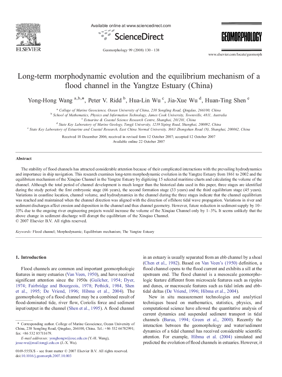 Long-term morphodynamic evolution and the equilibrium mechanism of a flood channel in the Yangtze Estuary (China)