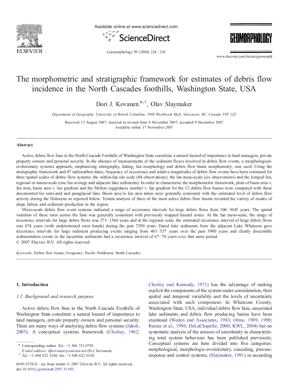 The morphometric and stratigraphic framework for estimates of debris flow incidence in the North Cascades foothills, Washington State, USA