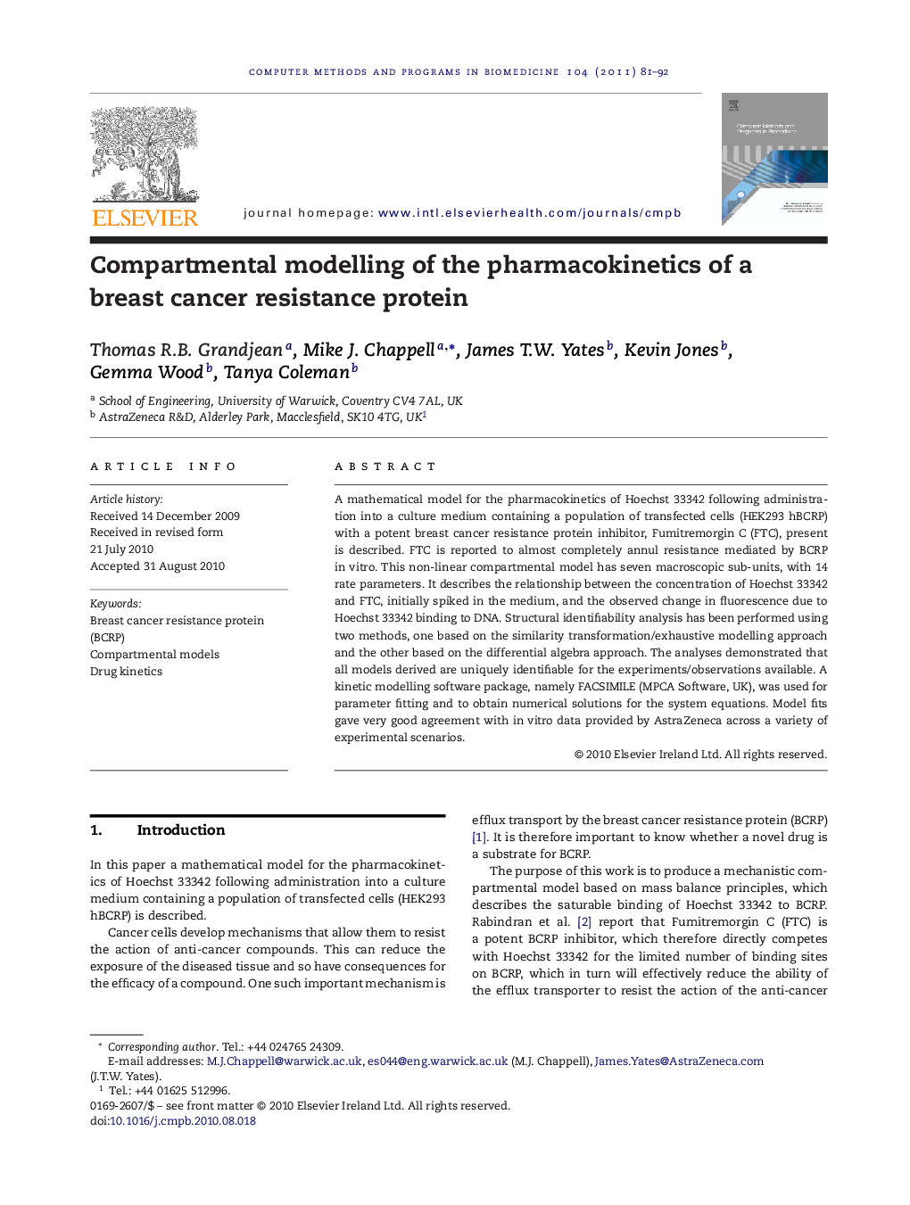 Compartmental modelling of the pharmacokinetics of a breast cancer resistance protein