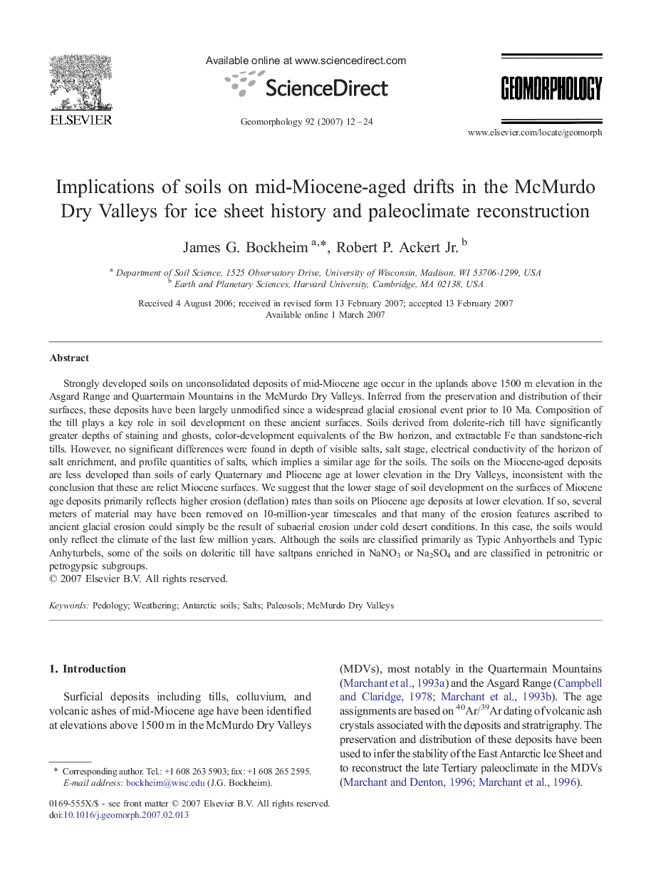 Implications of soils on mid-Miocene-aged drifts in the McMurdo Dry Valleys for ice sheet history and paleoclimate reconstruction