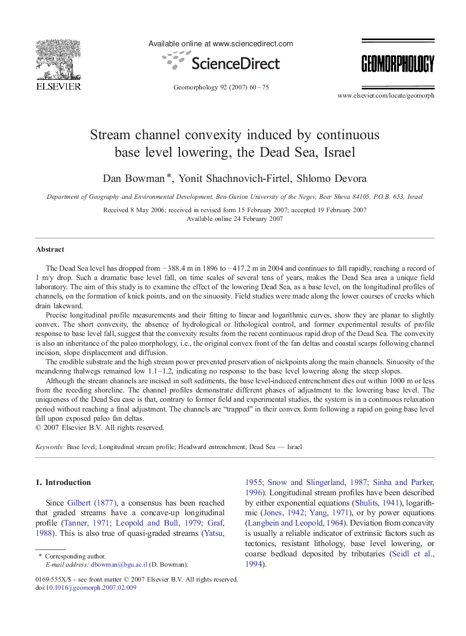 Stream channel convexity induced by continuous base level lowering, the Dead Sea, Israel