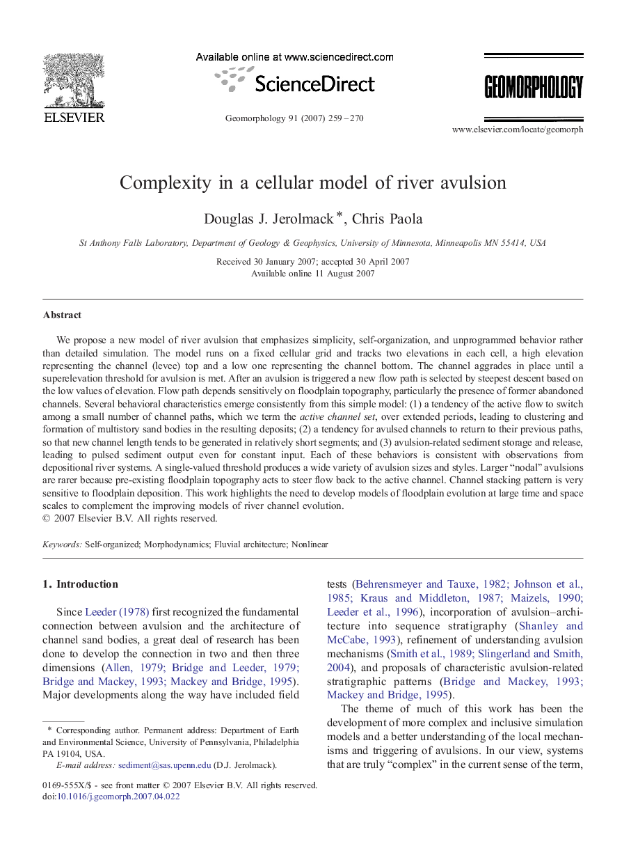 Complexity in a cellular model of river avulsion