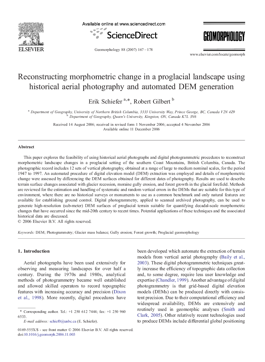 Reconstructing morphometric change in a proglacial landscape using historical aerial photography and automated DEM generation