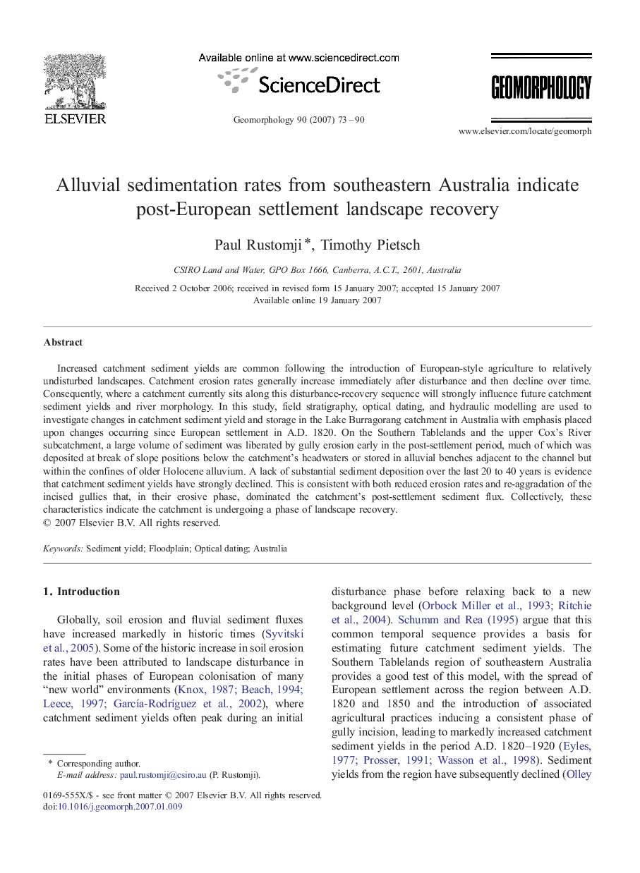 Alluvial sedimentation rates from southeastern Australia indicate post-European settlement landscape recovery