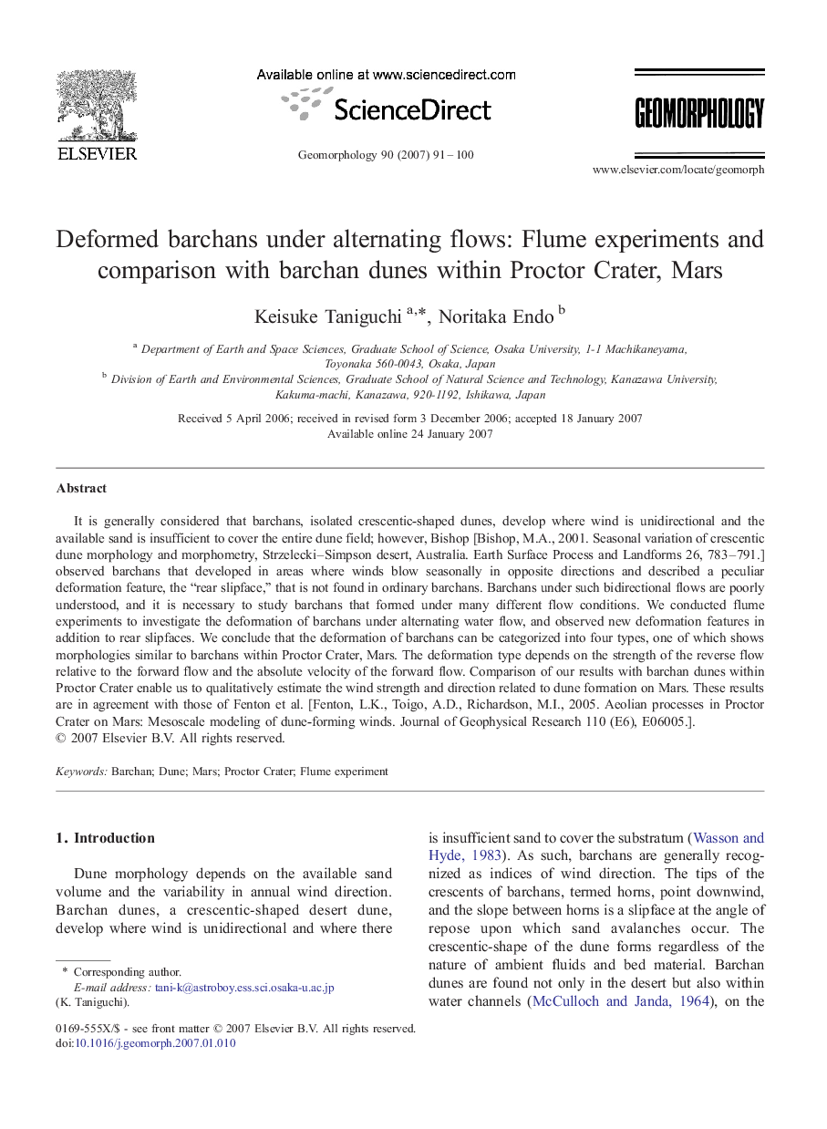 Deformed barchans under alternating flows: Flume experiments and comparison with barchan dunes within Proctor Crater, Mars