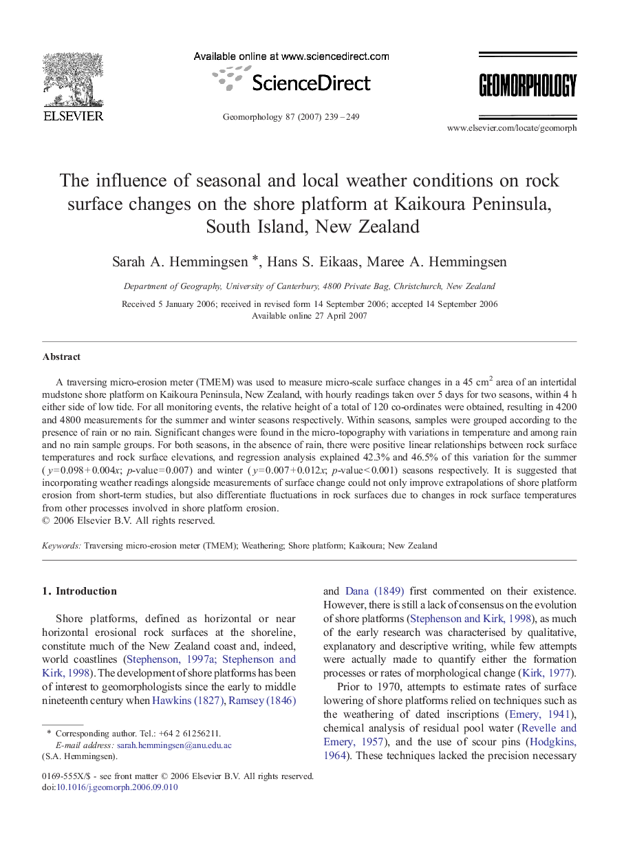 The influence of seasonal and local weather conditions on rock surface changes on the shore platform at Kaikoura Peninsula, South Island, New Zealand