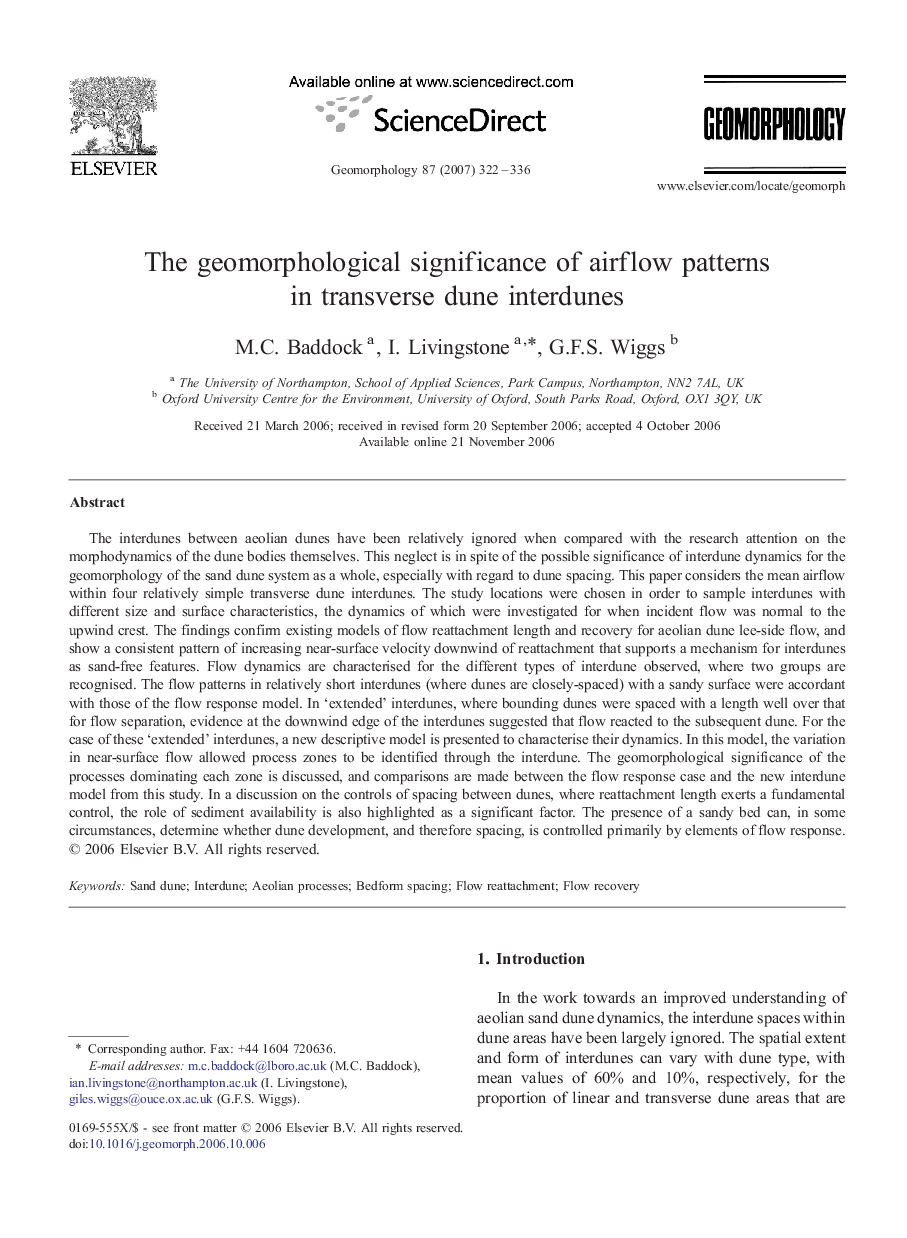 The geomorphological significance of airflow patterns in transverse dune interdunes