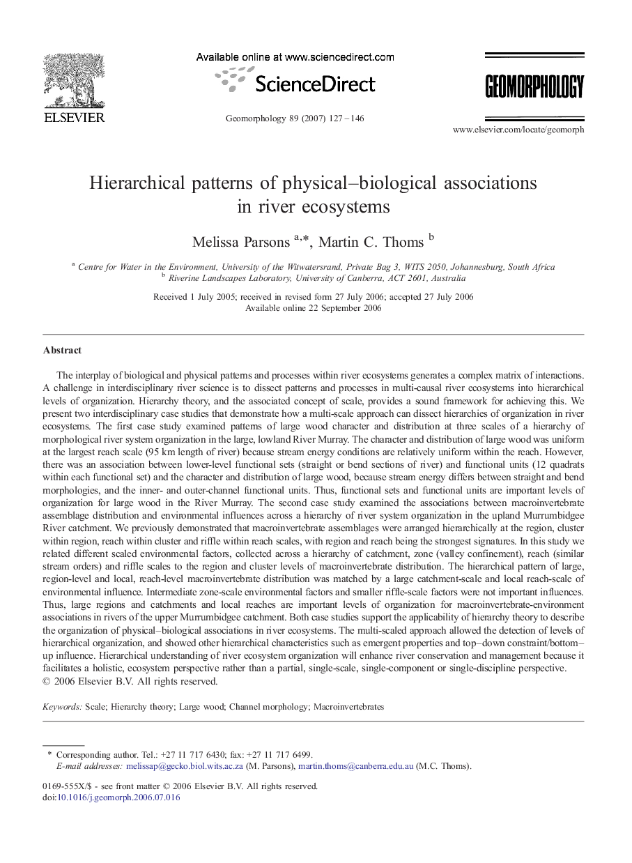 Hierarchical patterns of physical-biological associations in river ecosystems