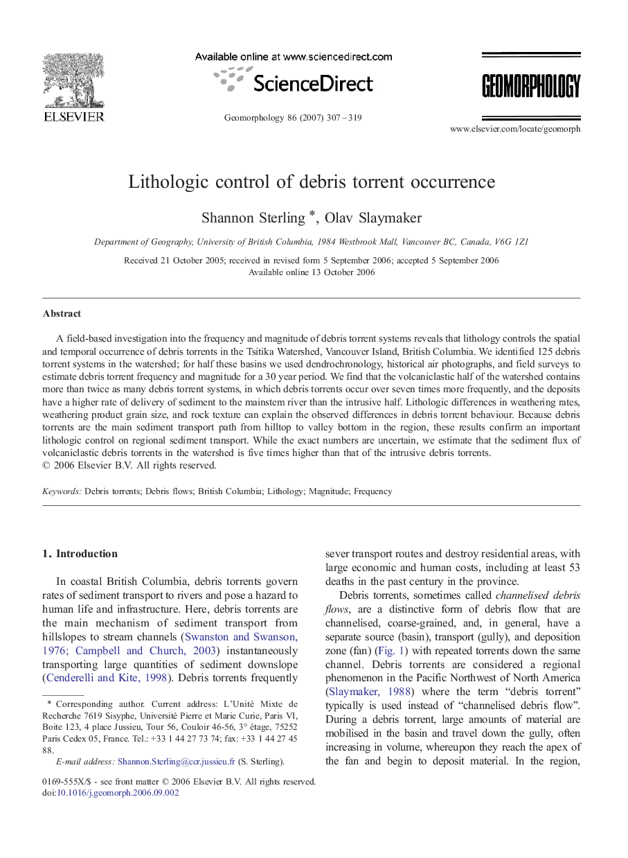 Lithologic control of debris torrent occurrence