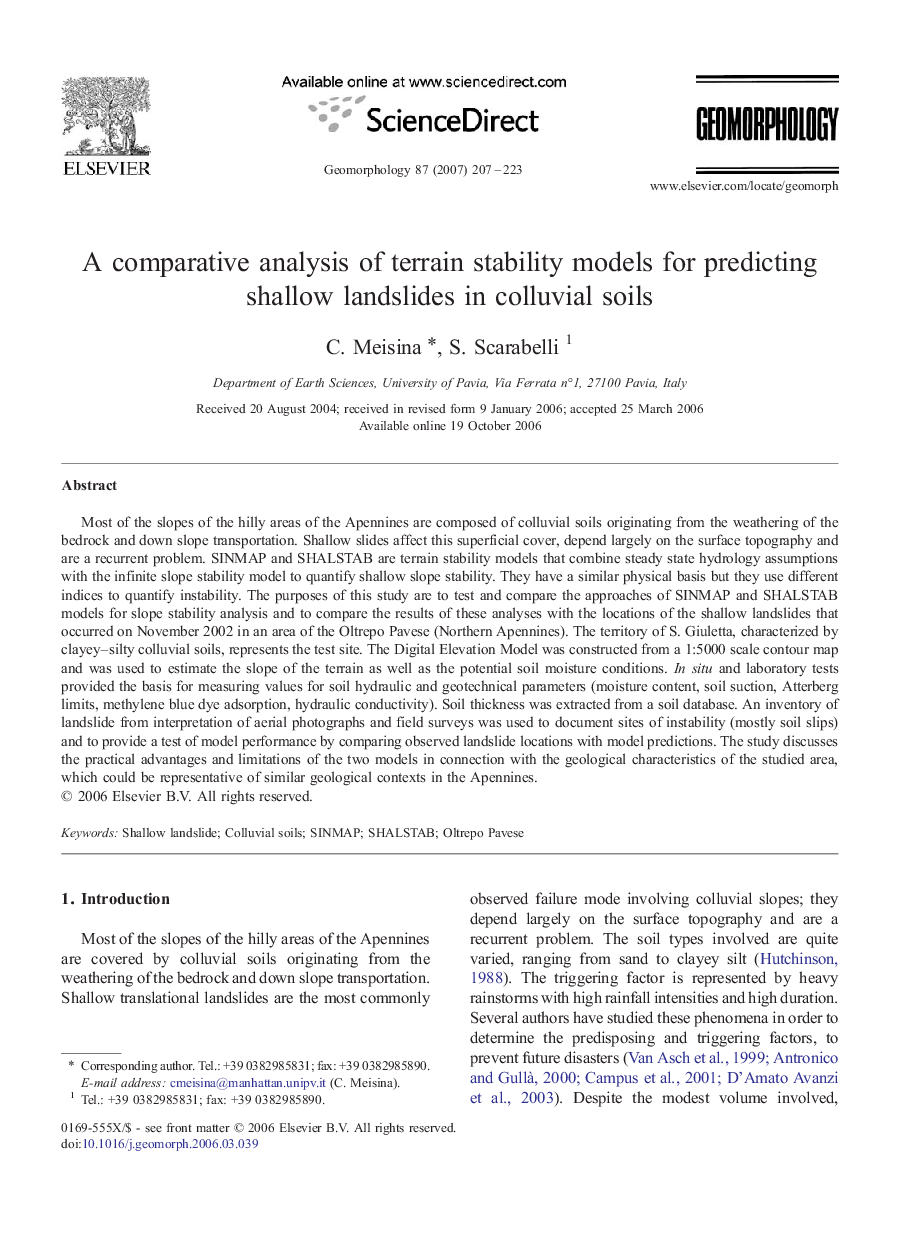 A comparative analysis of terrain stability models for predicting shallow landslides in colluvial soils