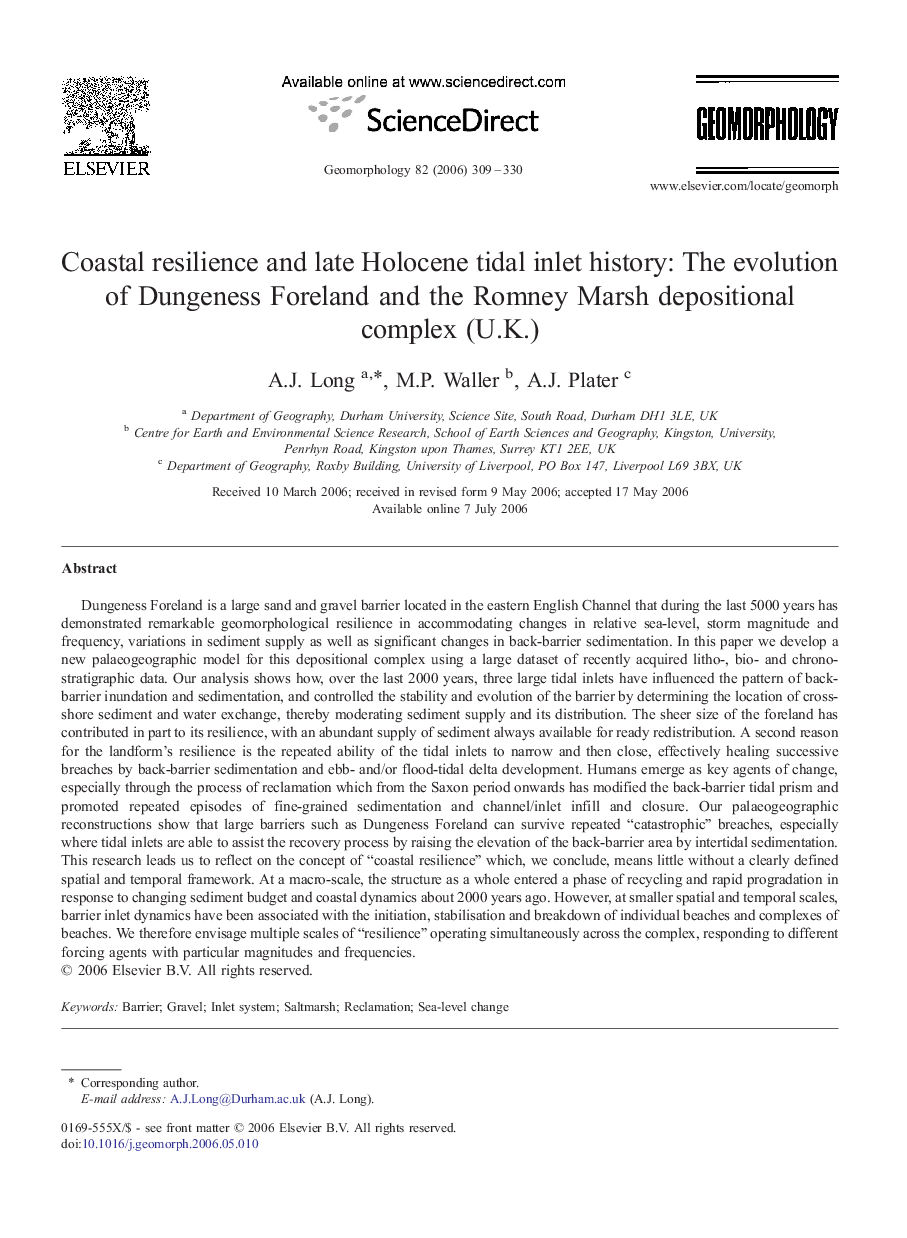 Coastal resilience and late Holocene tidal inlet history: The evolution of Dungeness Foreland and the Romney Marsh depositional complex (U.K.)