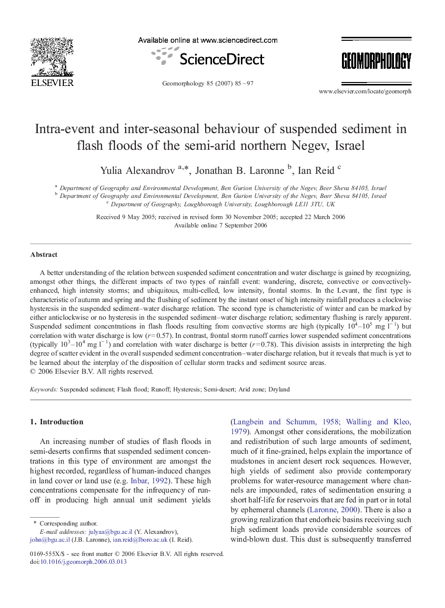 Intra-event and inter-seasonal behaviour of suspended sediment in flash floods of the semi-arid northern Negev, Israel