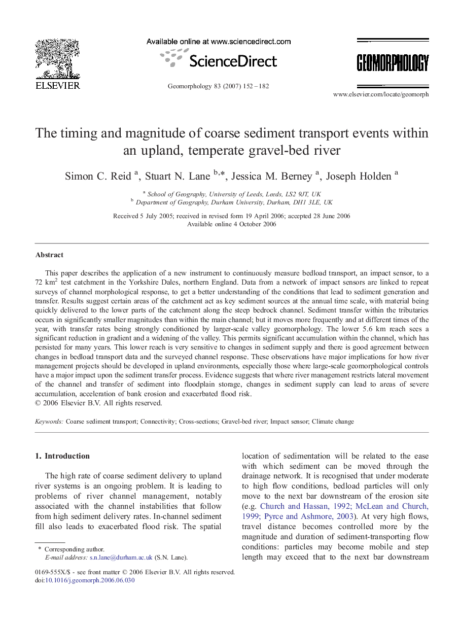 The timing and magnitude of coarse sediment transport events within an upland, temperate gravel-bed river