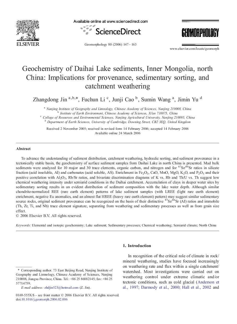 Geochemistry of Daihai Lake sediments, Inner Mongolia, north China: Implications for provenance, sedimentary sorting, and catchment weathering