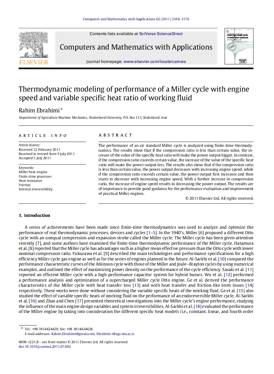 Thermodynamic modeling of performance of a Miller cycle with engine speed and variable specific heat ratio of working fluid