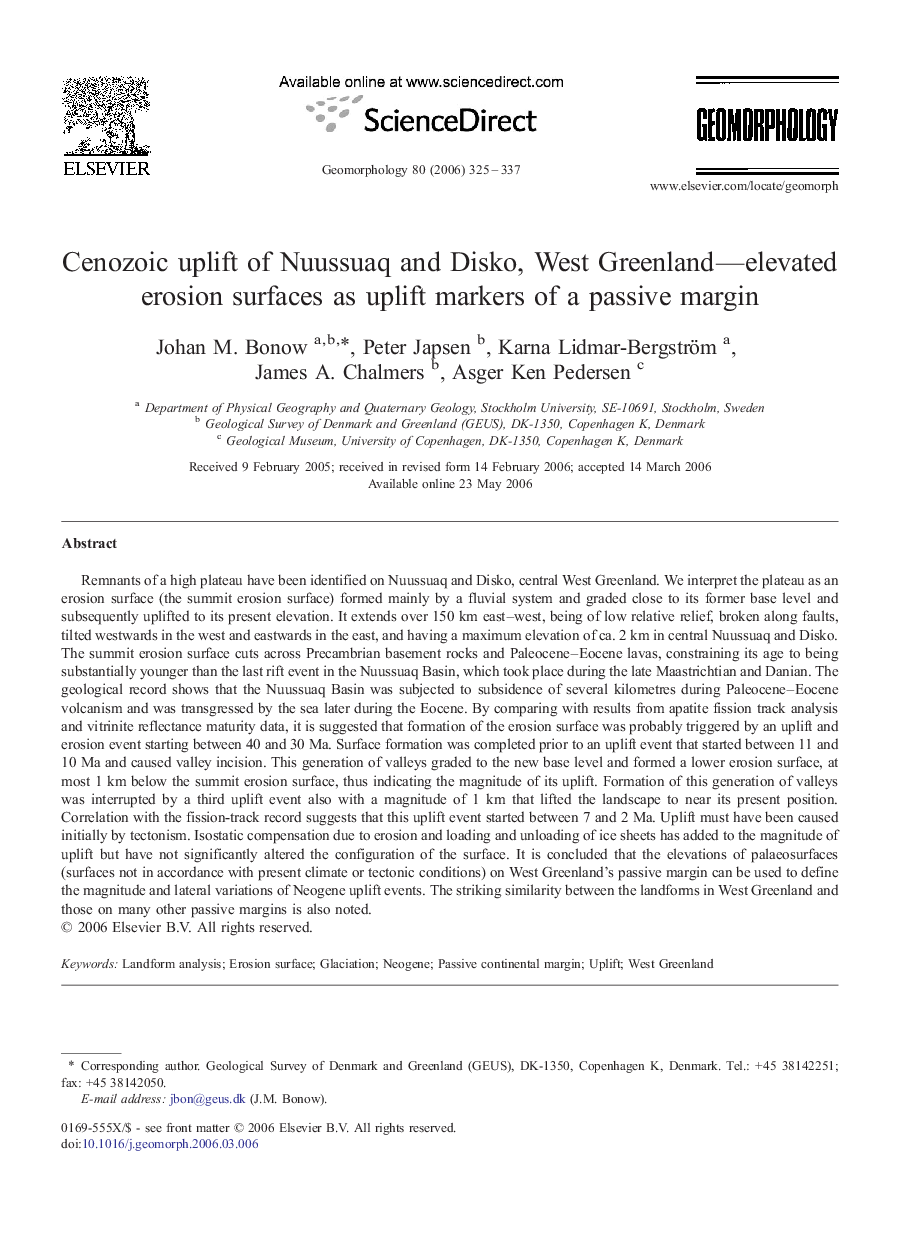 Cenozoic uplift of Nuussuaq and Disko, West Greenland-elevated erosion surfaces as uplift markers of a passive margin