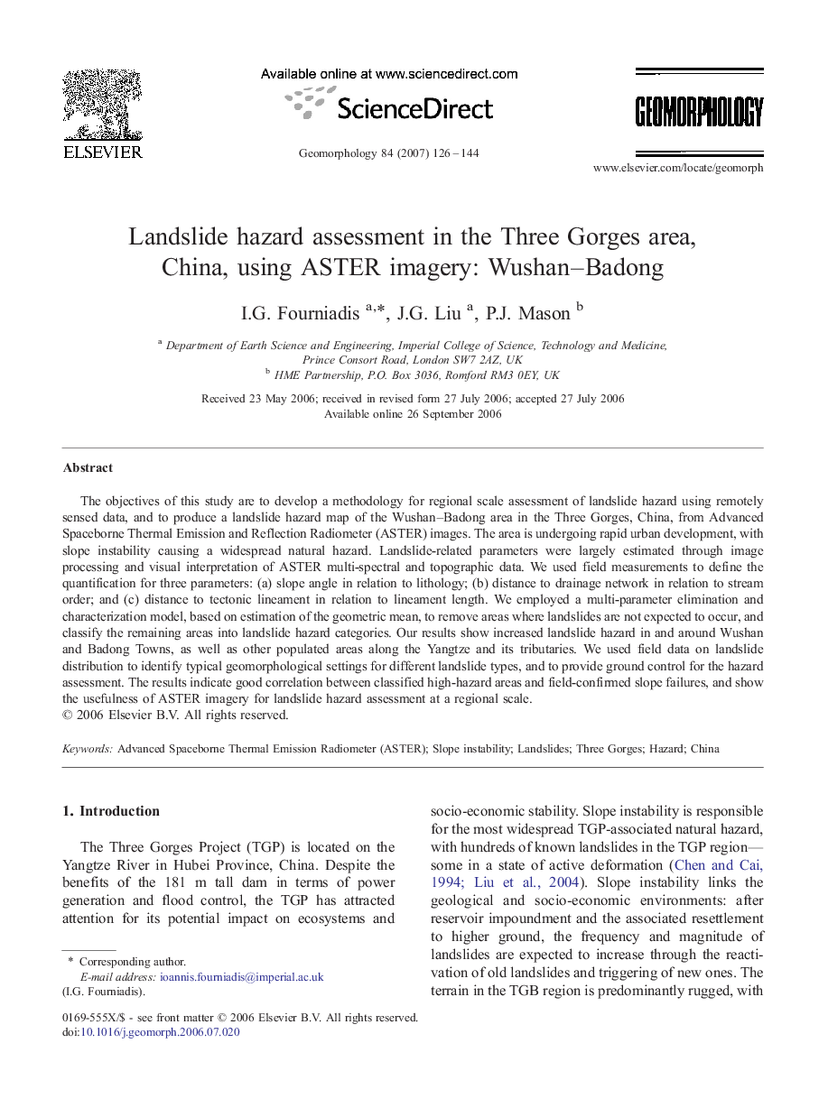 Landslide hazard assessment in the Three Gorges area, China, using ASTER imagery: Wushan–Badong