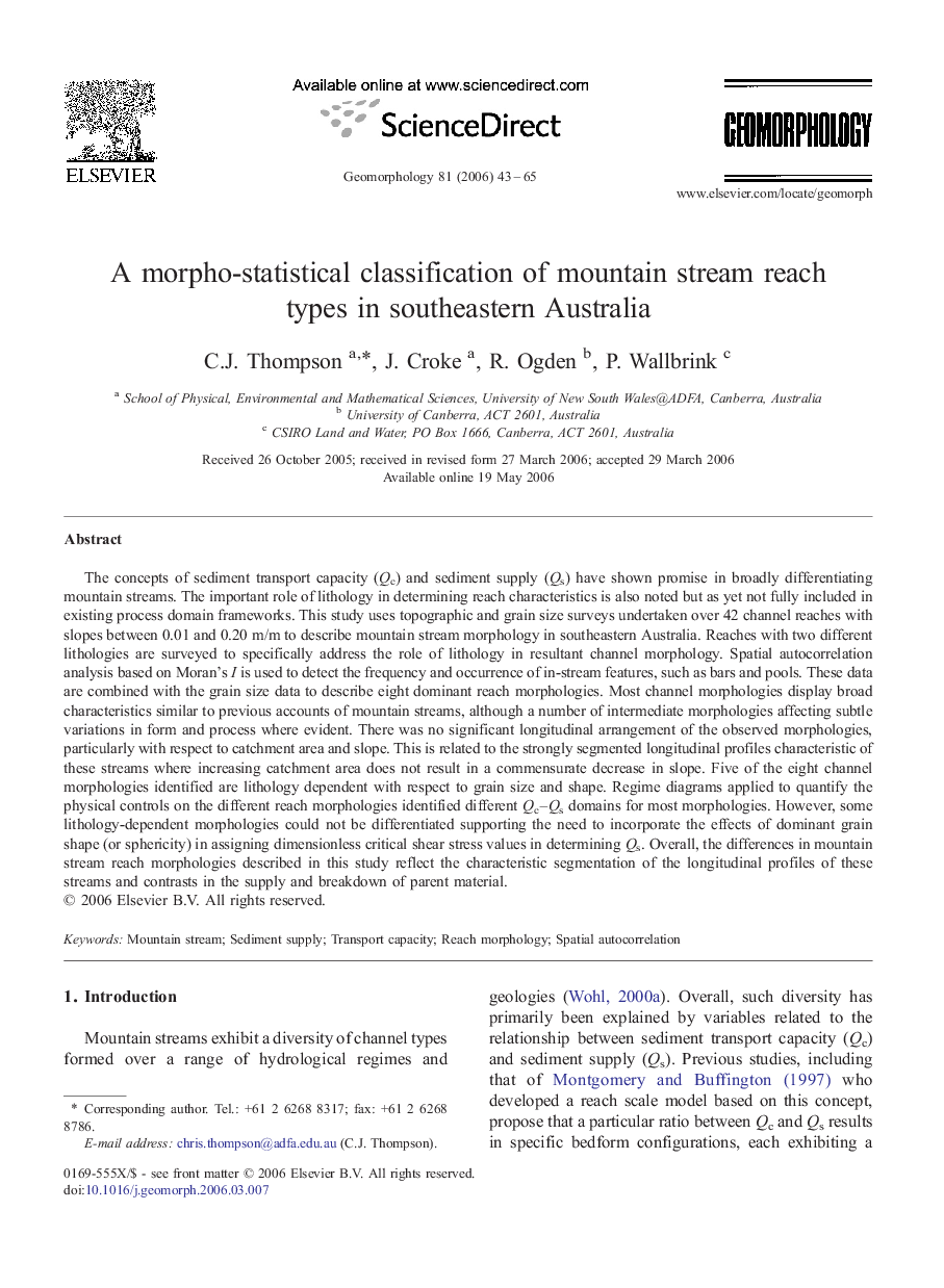 A morpho-statistical classification of mountain stream reach types in southeastern Australia