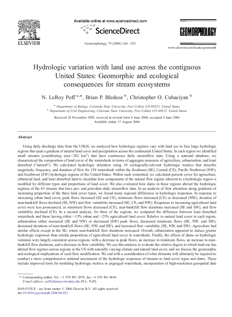 Hydrologic variation with land use across the contiguous United States: Geomorphic and ecological consequences for stream ecosystems