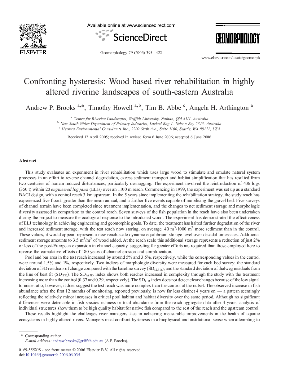 Confronting hysteresis: Wood based river rehabilitation in highly altered riverine landscapes of south-eastern Australia