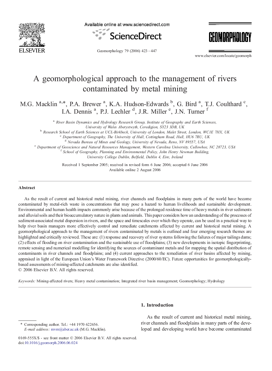 A geomorphological approach to the management of rivers contaminated by metal mining