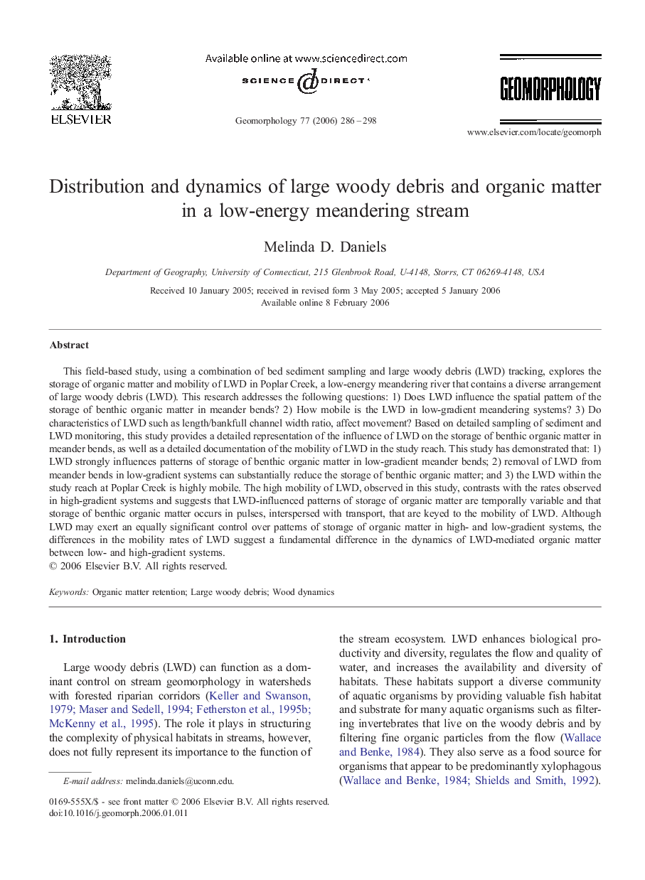 Distribution and dynamics of large woody debris and organic matter in a low-energy meandering stream