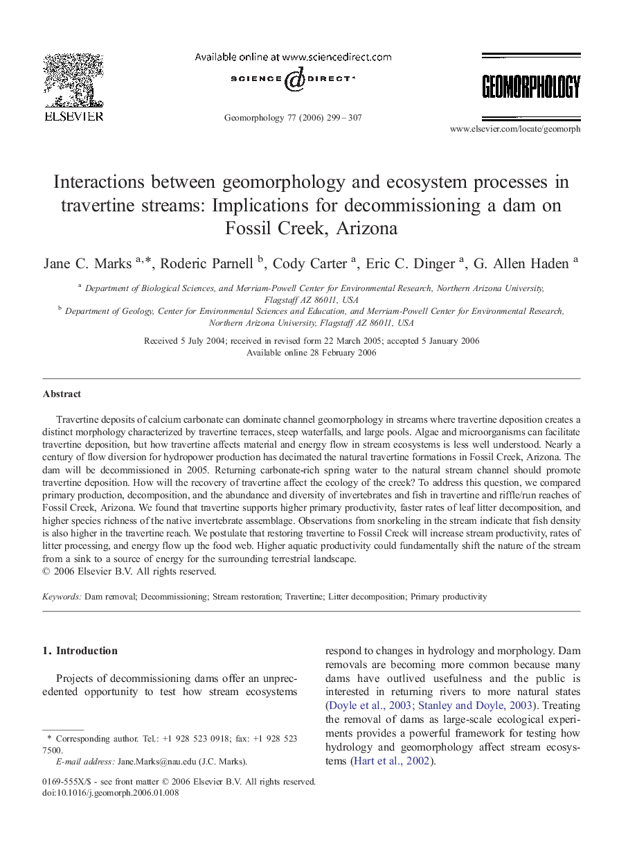 Interactions between geomorphology and ecosystem processes in travertine streams: Implications for decommissioning a dam on Fossil Creek, Arizona