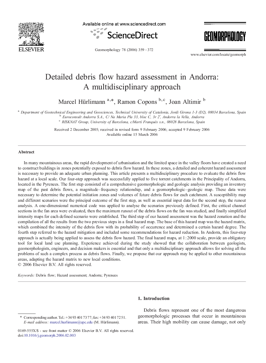 Detailed debris flow hazard assessment in Andorra: A multidisciplinary approach