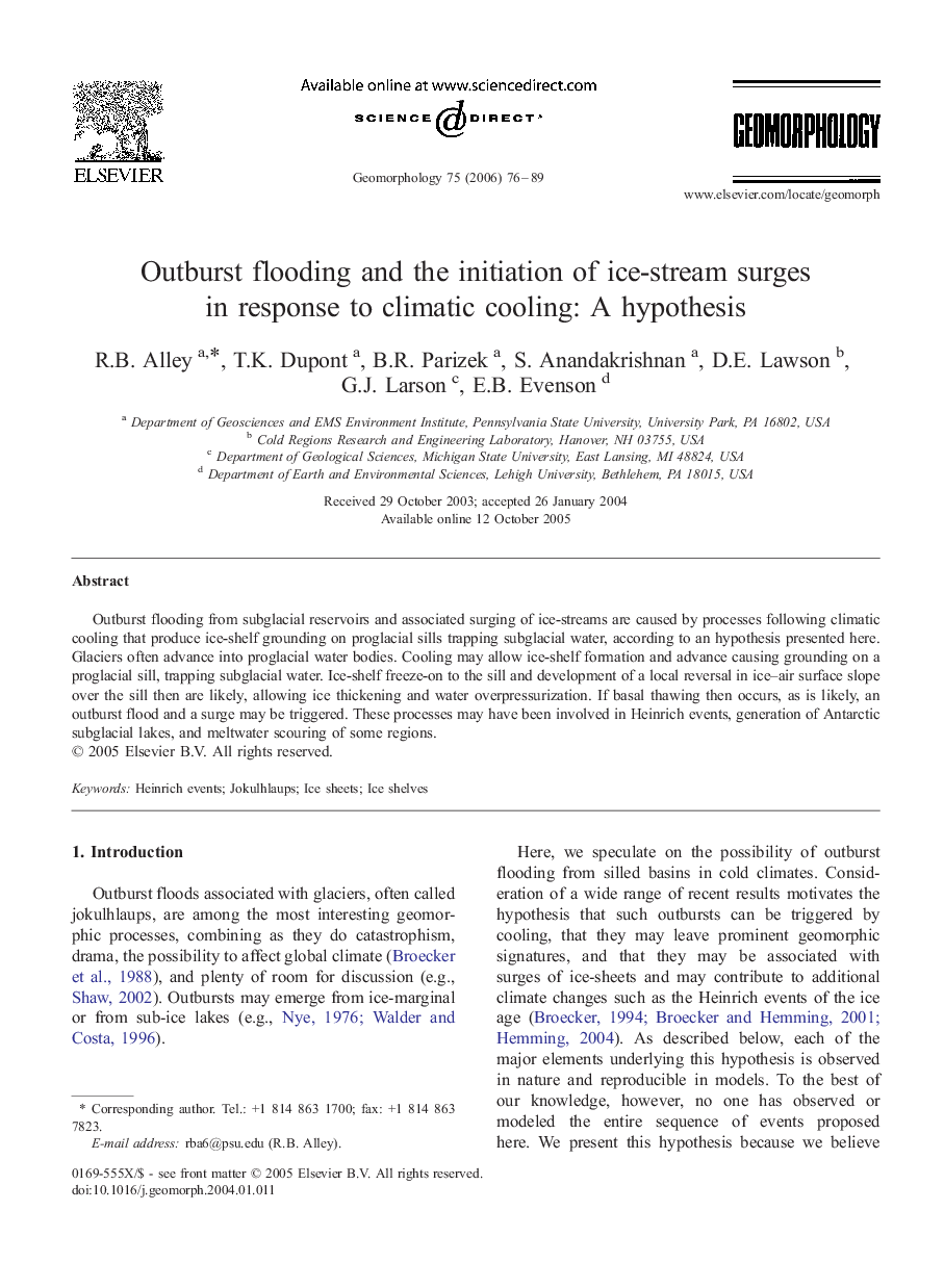 Outburst flooding and the initiation of ice-stream surges in response to climatic cooling: A hypothesis