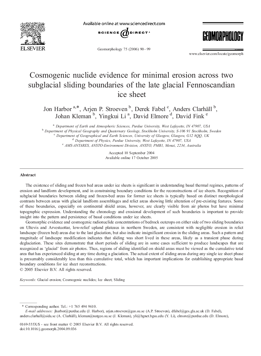 Cosmogenic nuclide evidence for minimal erosion across two subglacial sliding boundaries of the late glacial Fennoscandian ice sheet