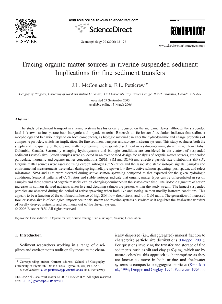 Tracing organic matter sources in riverine suspended sediment: Implications for fine sediment transfers