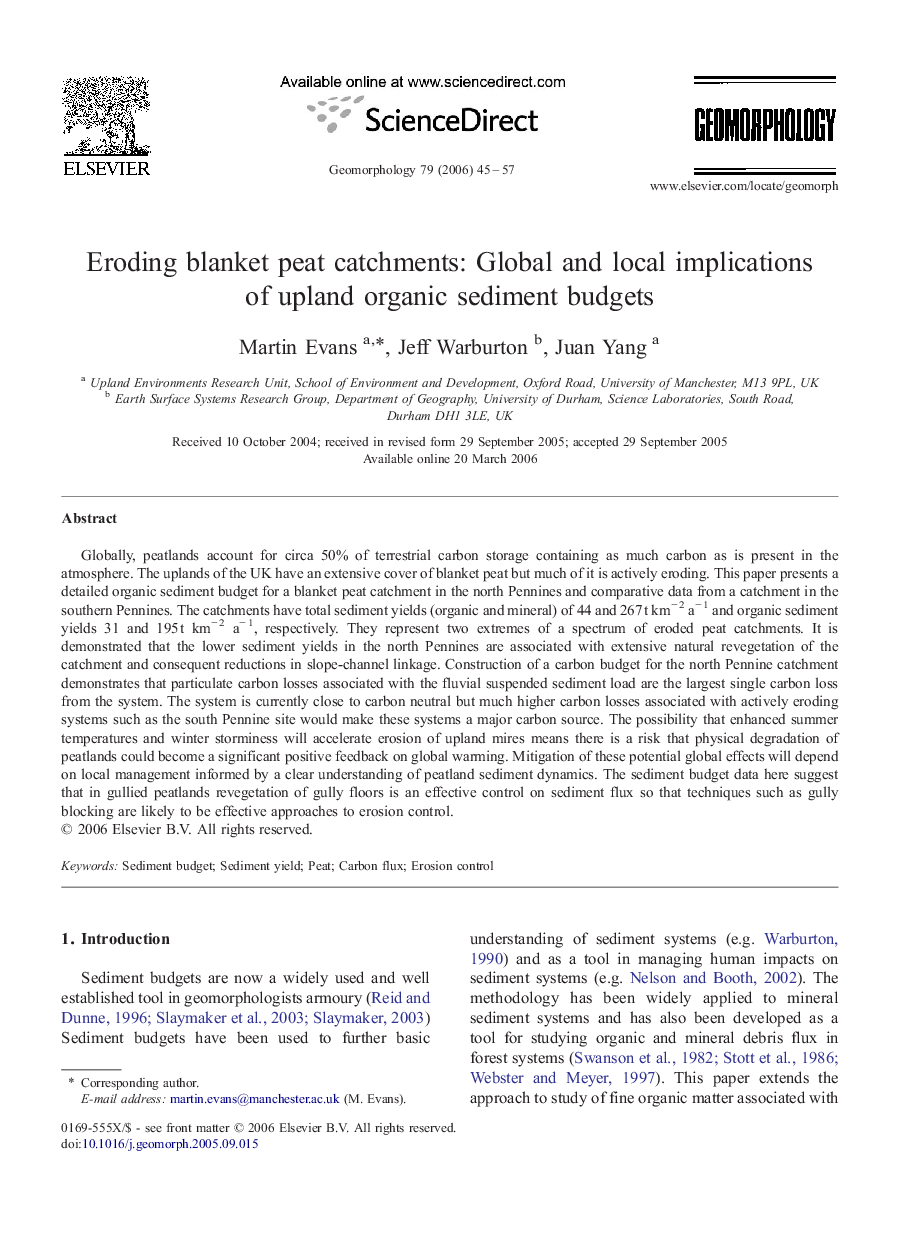 Eroding blanket peat catchments: Global and local implications of upland organic sediment budgets