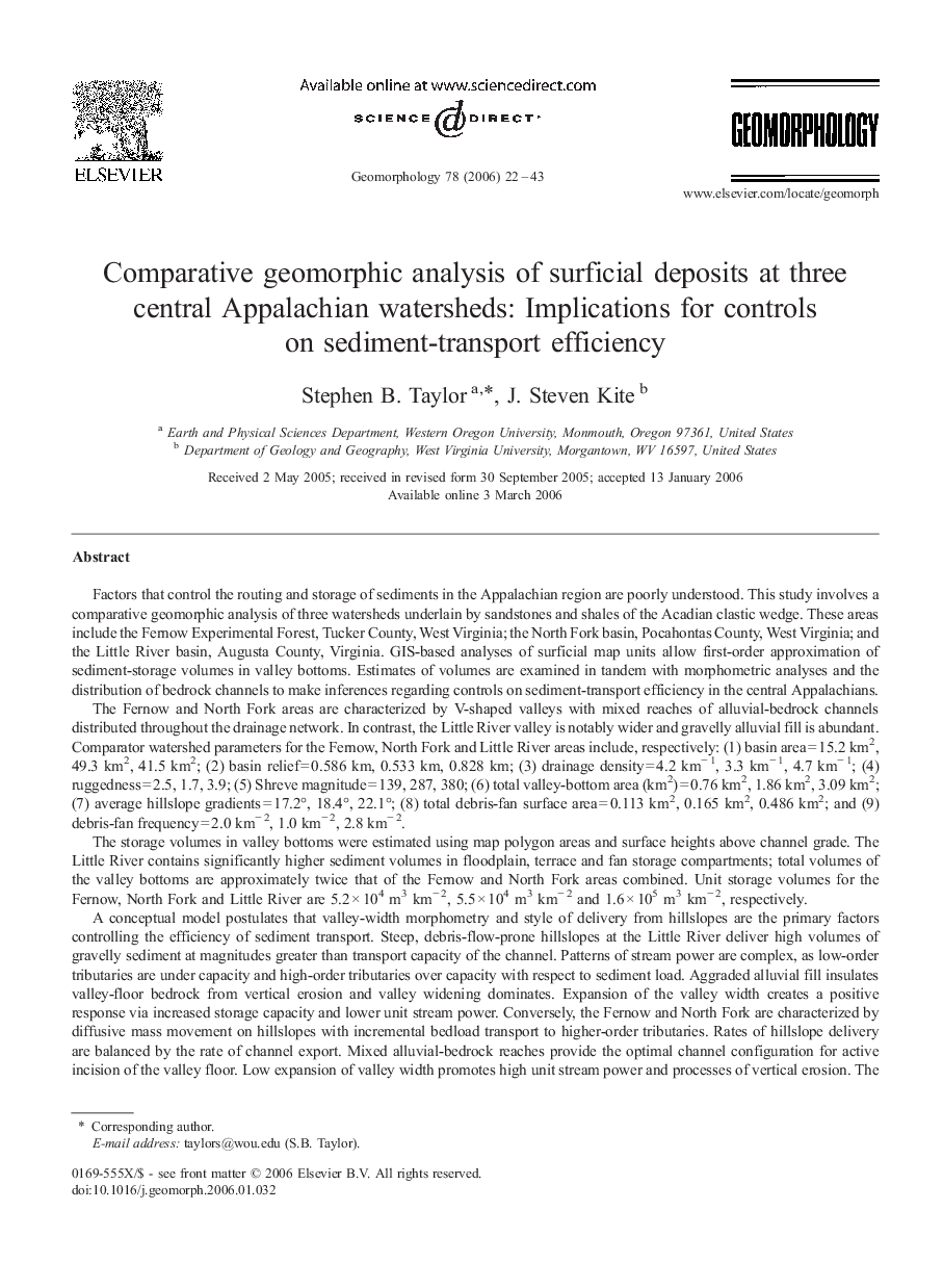 Comparative geomorphic analysis of surficial deposits at three central Appalachian watersheds: Implications for controls on sediment-transport efficiency