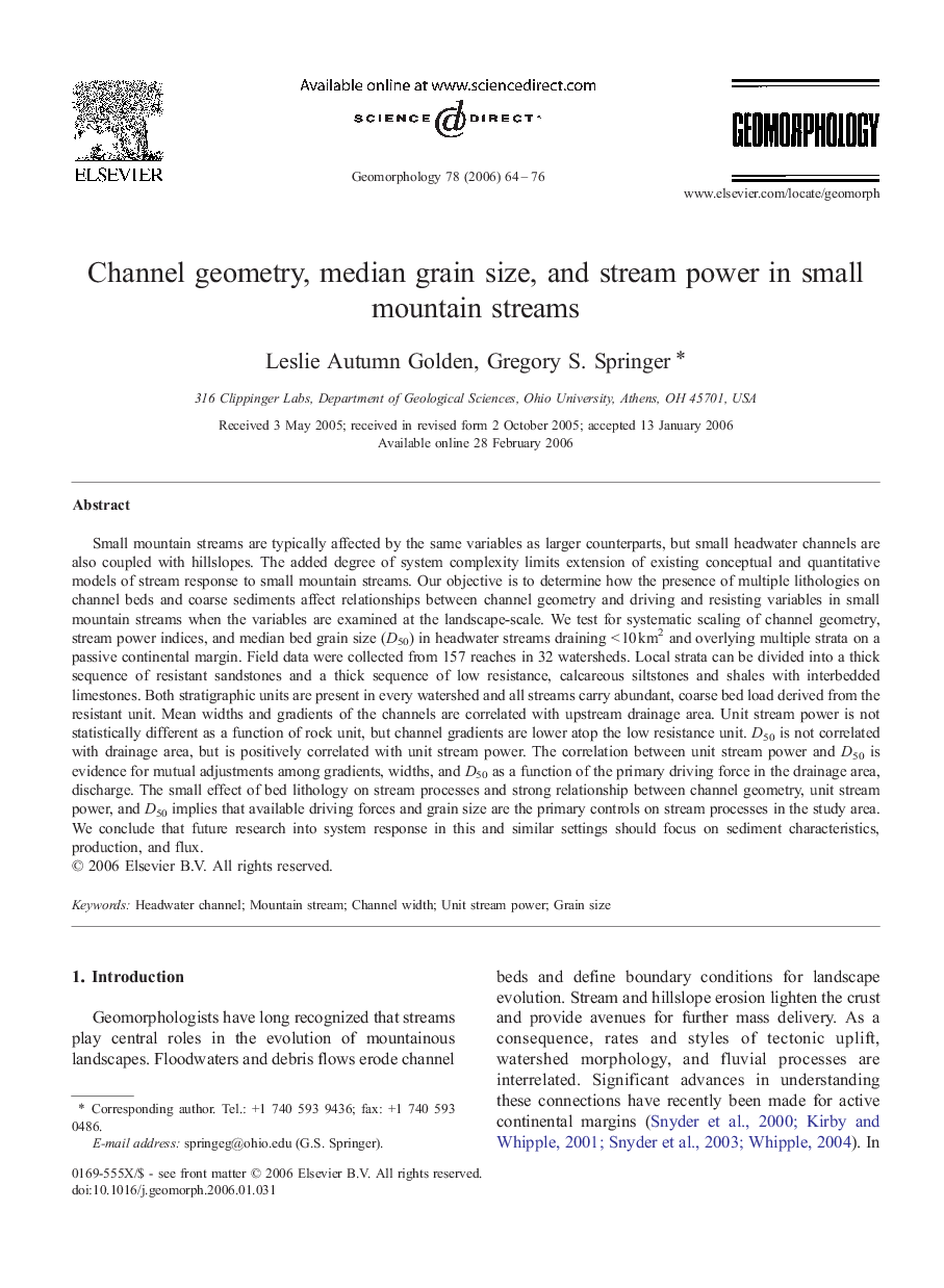 Channel geometry, median grain size, and stream power in small mountain streams