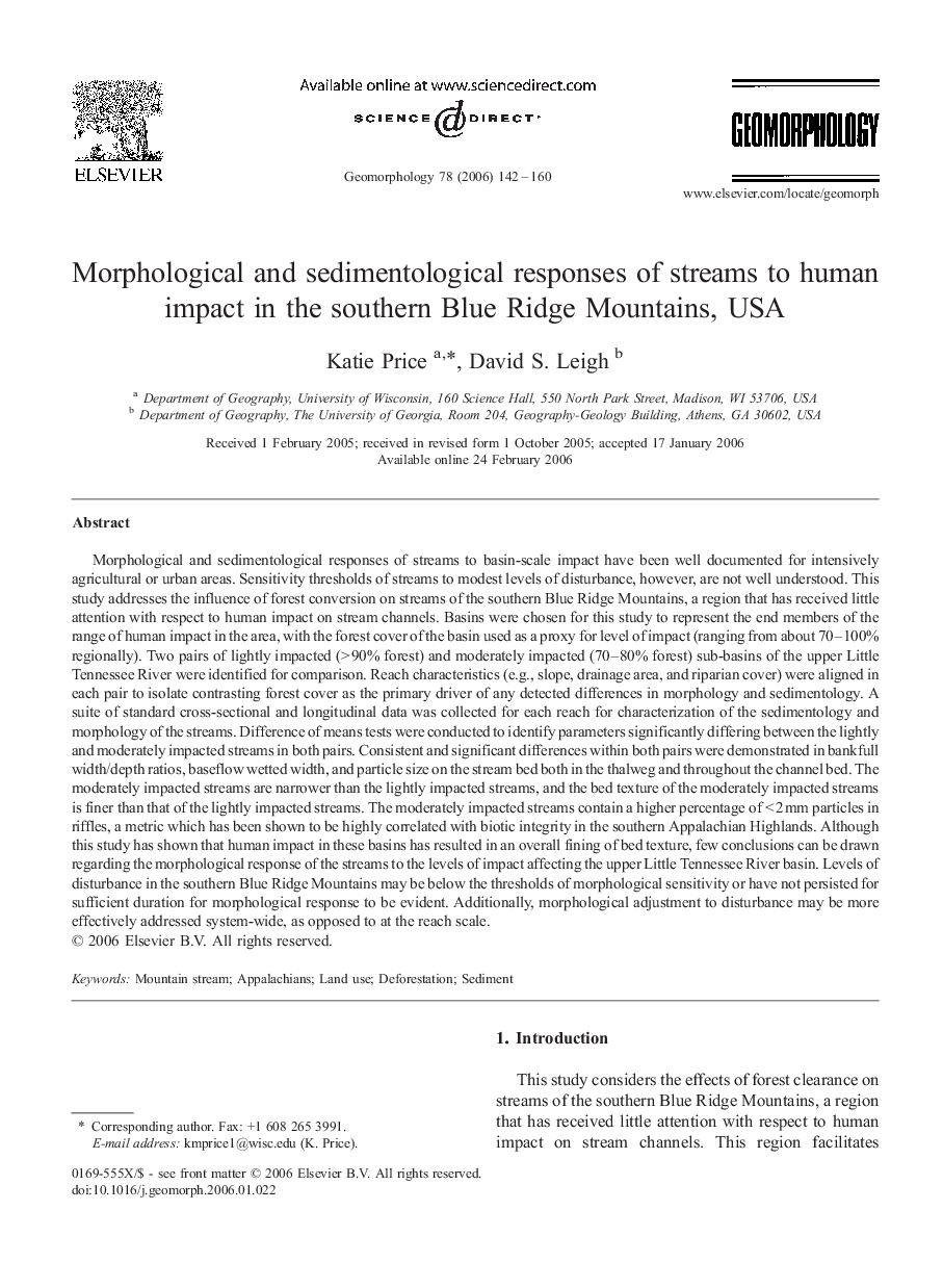 Morphological and sedimentological responses of streams to human impact in the southern Blue Ridge Mountains, USA