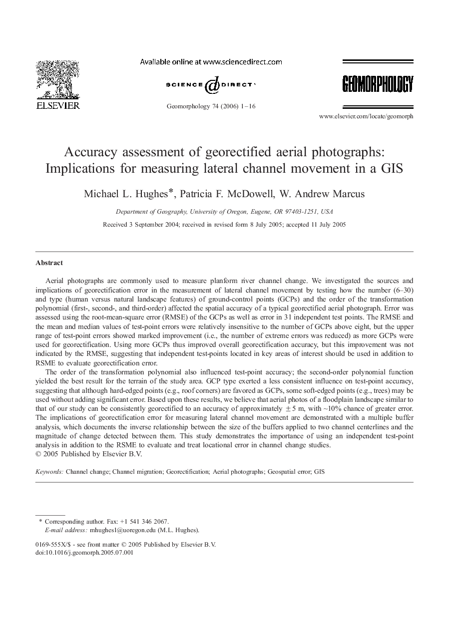 Accuracy assessment of georectified aerial photographs: Implications for measuring lateral channel movement in a GIS