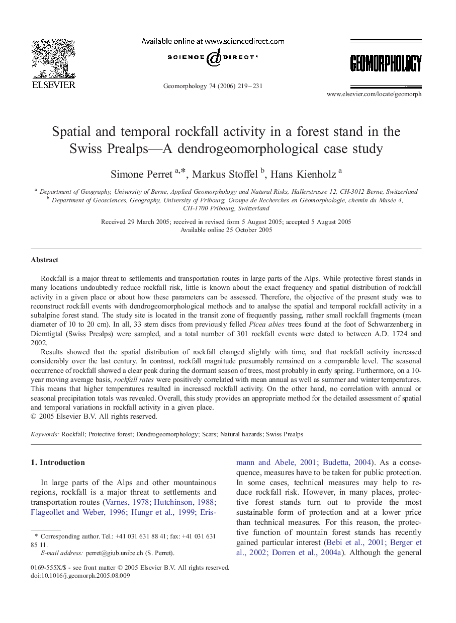 Spatial and temporal rockfall activity in a forest stand in the Swiss Prealps—A dendrogeomorphological case study