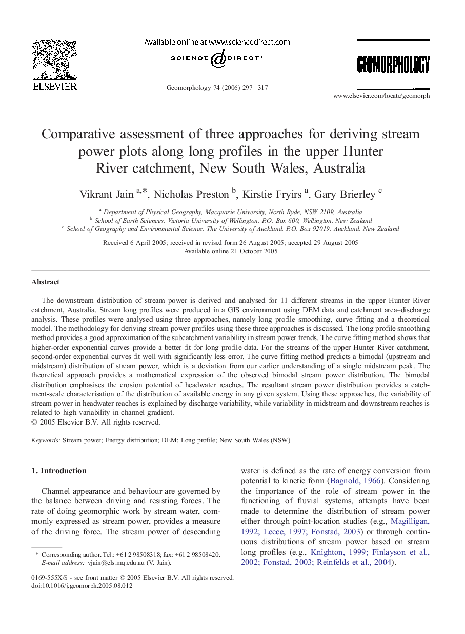 Comparative assessment of three approaches for deriving stream power plots along long profiles in the upper Hunter River catchment, New South Wales, Australia